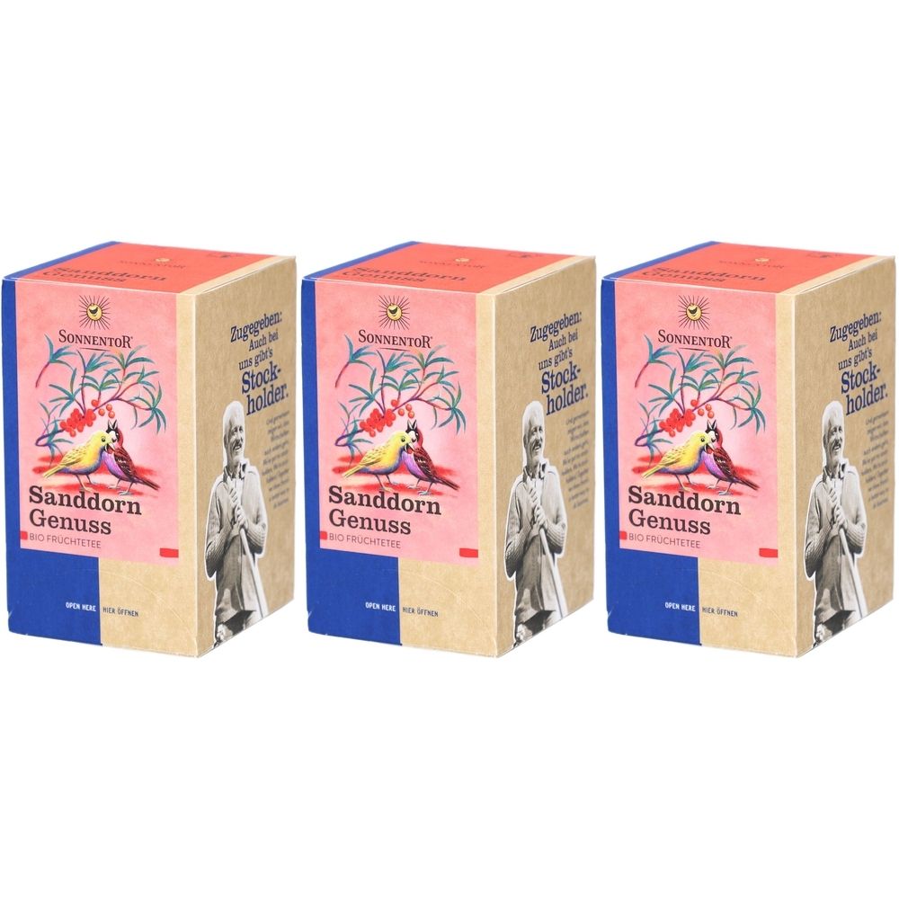 Trois boîtes avec impression. Inscription: Sanddorn Genuss. Marque: SONNENTOR. Illustration: oiseaux, branches, homme. Emballage: rectangulaire.