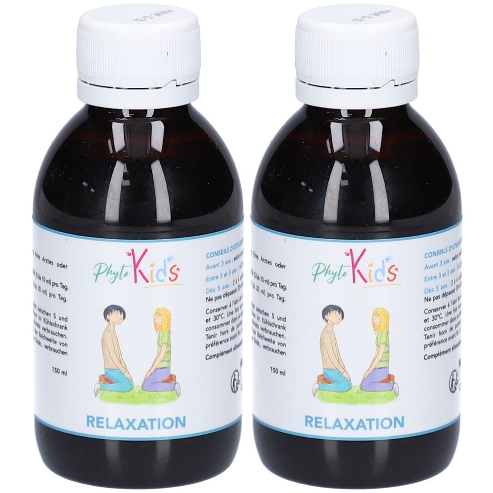 Zwei braune Flaschen mit weißem Deckel. Auf dem Etikett steht "PhytoKids" und "Relaxation". Kinderabbildung.