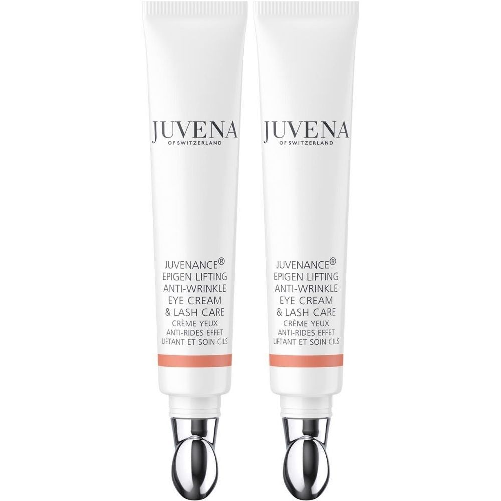Deux tubes de crème pour les yeux. Blancs, avec applicateur argenté. Inscription: Juvena, Juvenance Epigen Lifting Anti-Wrinkle Eye Cream.
