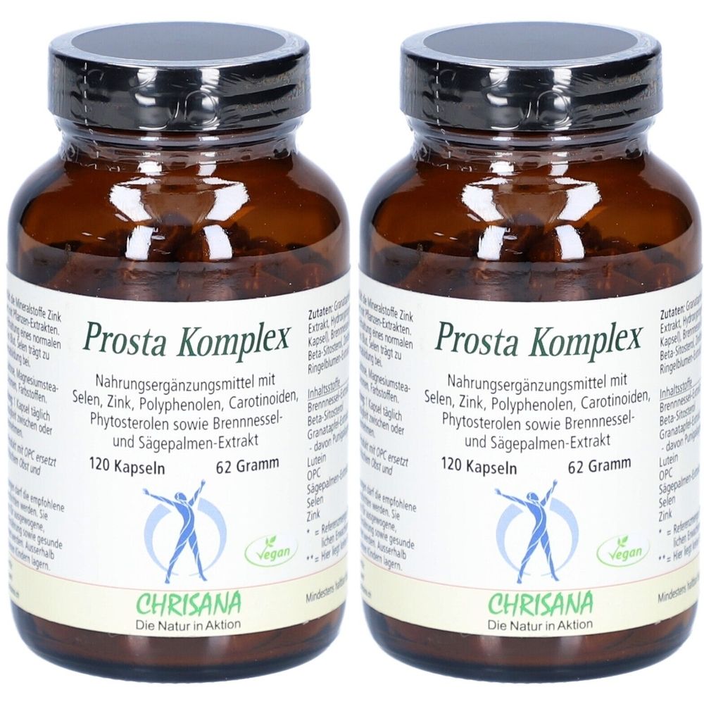 Zwei braune Glasflaschen mit schwarzen Deckeln. Auf den Etiketten steht "Prosta Komplex" und "Chrisana". Enthält 120 Kapseln.