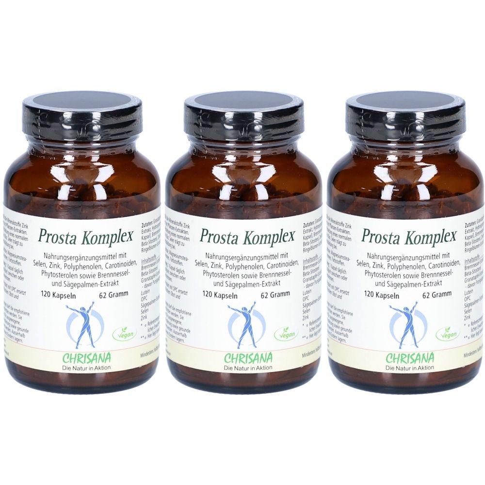 Drei braune Glasflaschen mit schwarzen Deckeln. Auf jeder Flasche steht "Prosta Komplex" und "CHRISANA". Etiketten mit Text.
