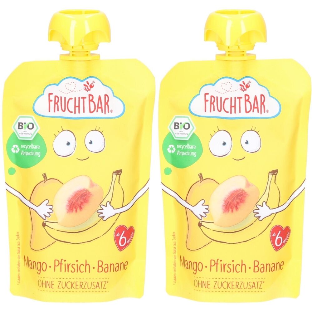 Deux gourdes jaunes avec logo FruchtBar, label bio et dessins de mangue, pêche et banane. Texte: Mango-Pfirsich-Banane, sans sucre ajouté.