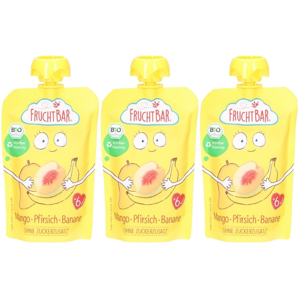 Trois gourdes jaunes FruchtBar. Inscription: Mangue-Pêche-Banane, sans sucre ajouté. Label bio. Bouchon jaune.