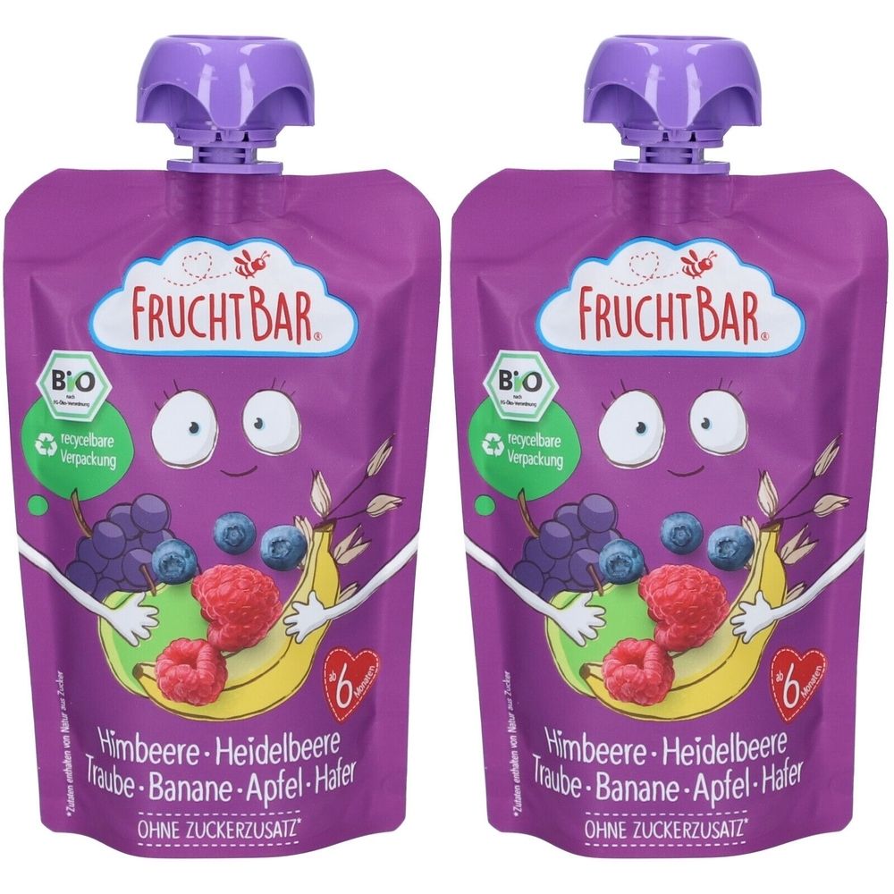 Deux gourdes avec bouchons violets. Inscription: FruchtBar, label bio, illustration de fruits. Texte: Framboise-Myrtille, sans sucre ajouté.