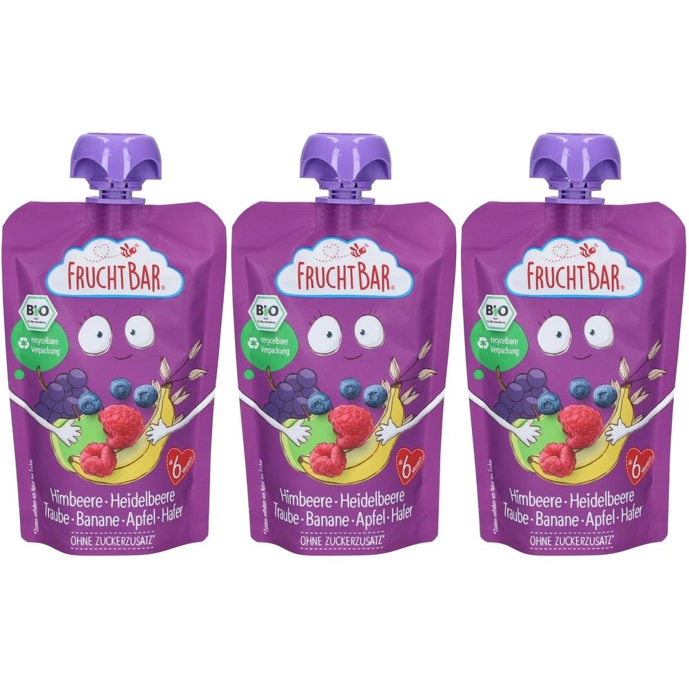 Trois gourdes avec bouchons violets. Inscription: FruchtBar, label bio, illustration de fruits. Texte: Framboise-Myrtille, sans sucres ajoutés.