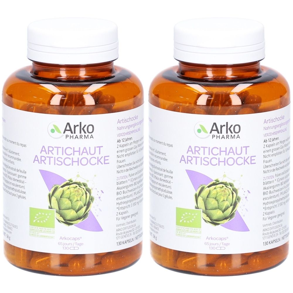 Deux flacons d'Arkopharma Artichaut. Flacons bruns avec couvercles blancs. Inscription : Artichaut, extrait BIO, Arkocaps.