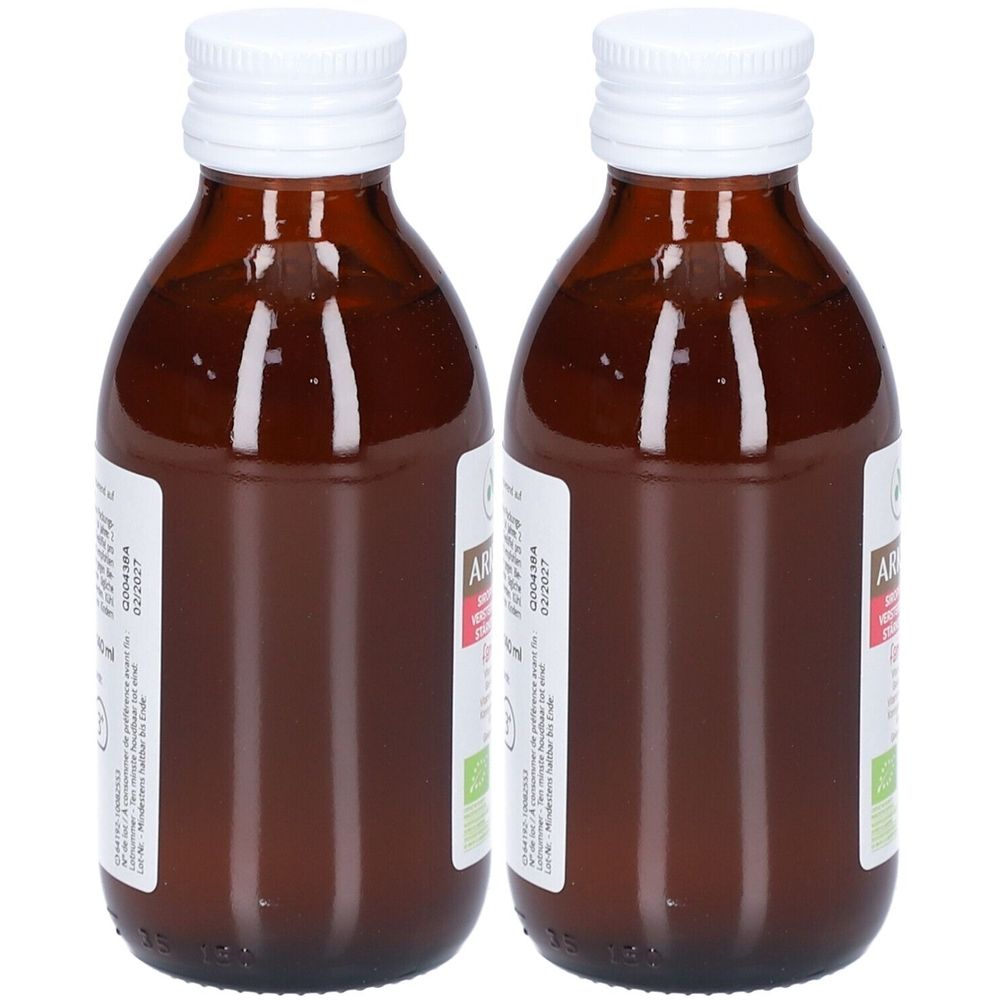 Deux flacons en verre brun avec bouchons blancs et étiquettes. Inscription: ArkoRoyal Bio Sirop fortifiant.