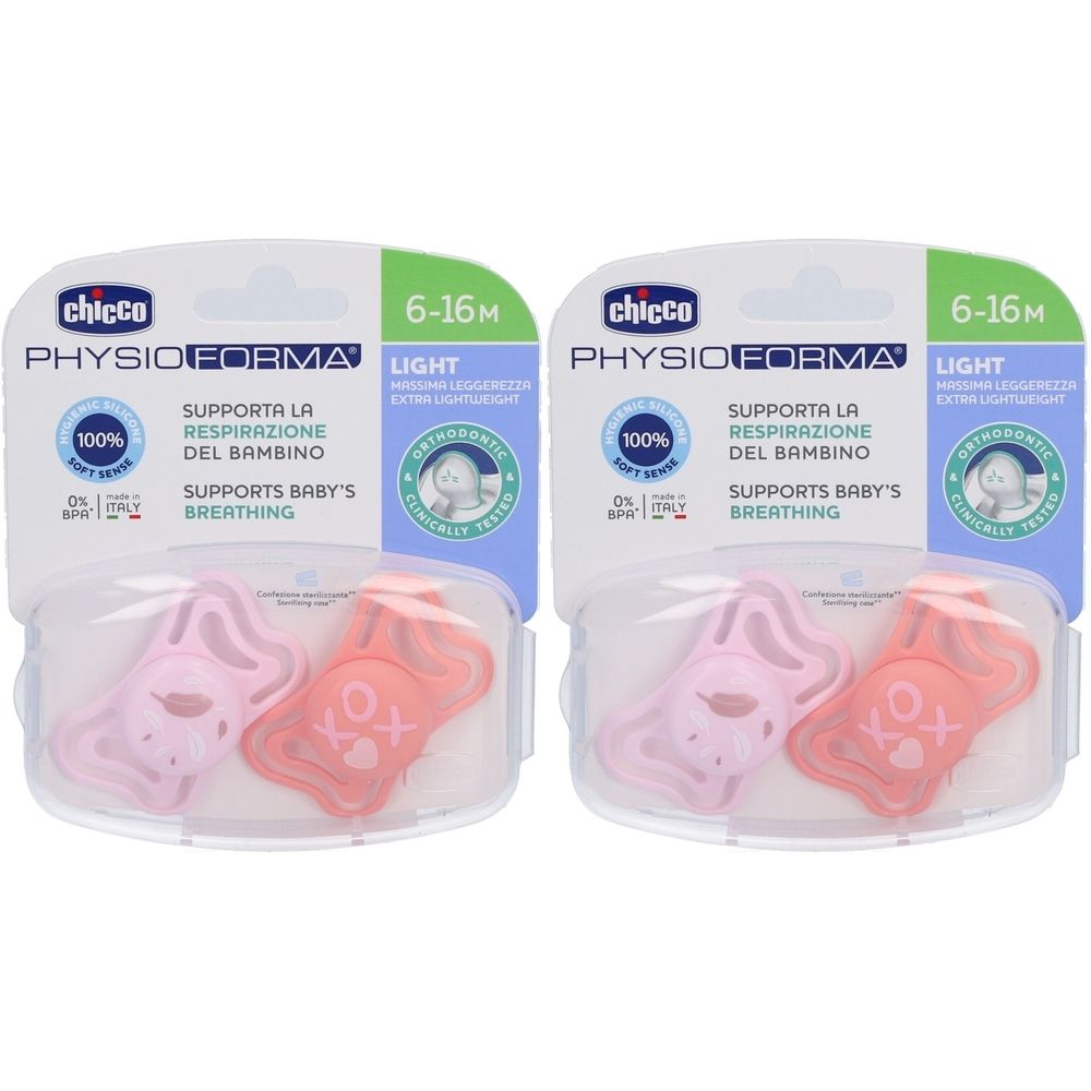 Deux sucettes roses et oranges dans un emballage. Inscription: Chicco Physioforma, 6-16m, soutient la respiration du bébé. Orthodontique.