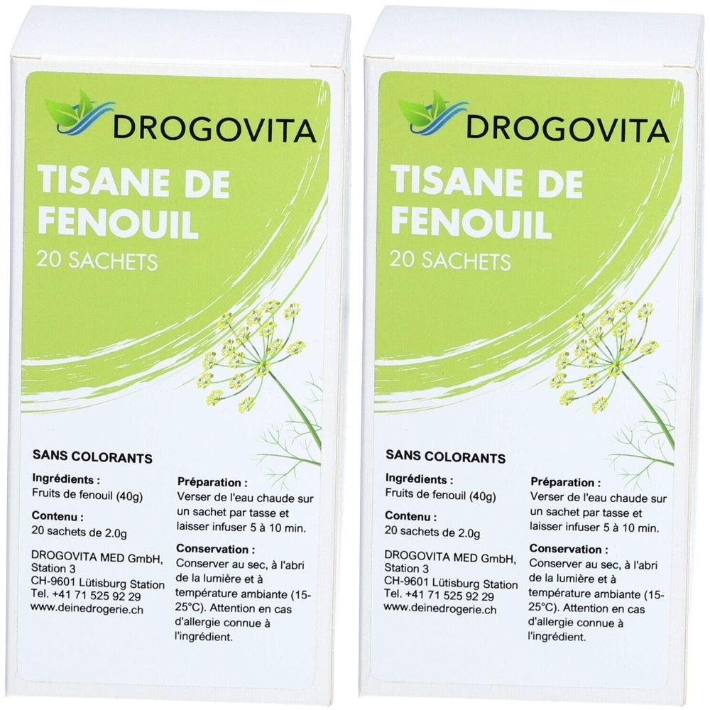 Deux boîtes de tisane. Inscription: DROGOVITA, Tisane de Fenouil, 20 Sachets. Emballage vert et blanc avec illustration de fenouil.