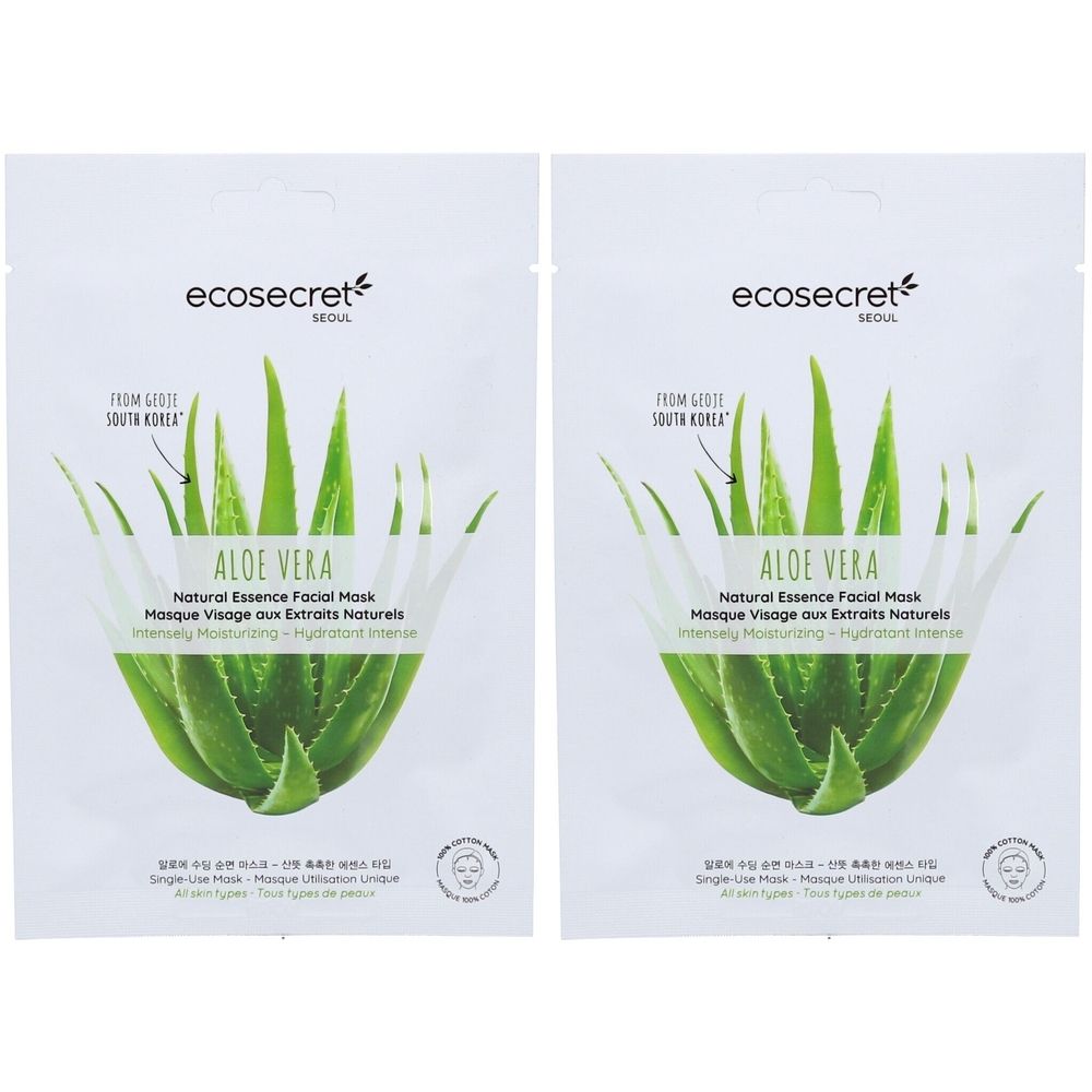 Deux sachets blancs de masques faciaux à l'aloe vera. Inscription : ecosecret, Aloe Vera, Natural Essence Facial Mask.