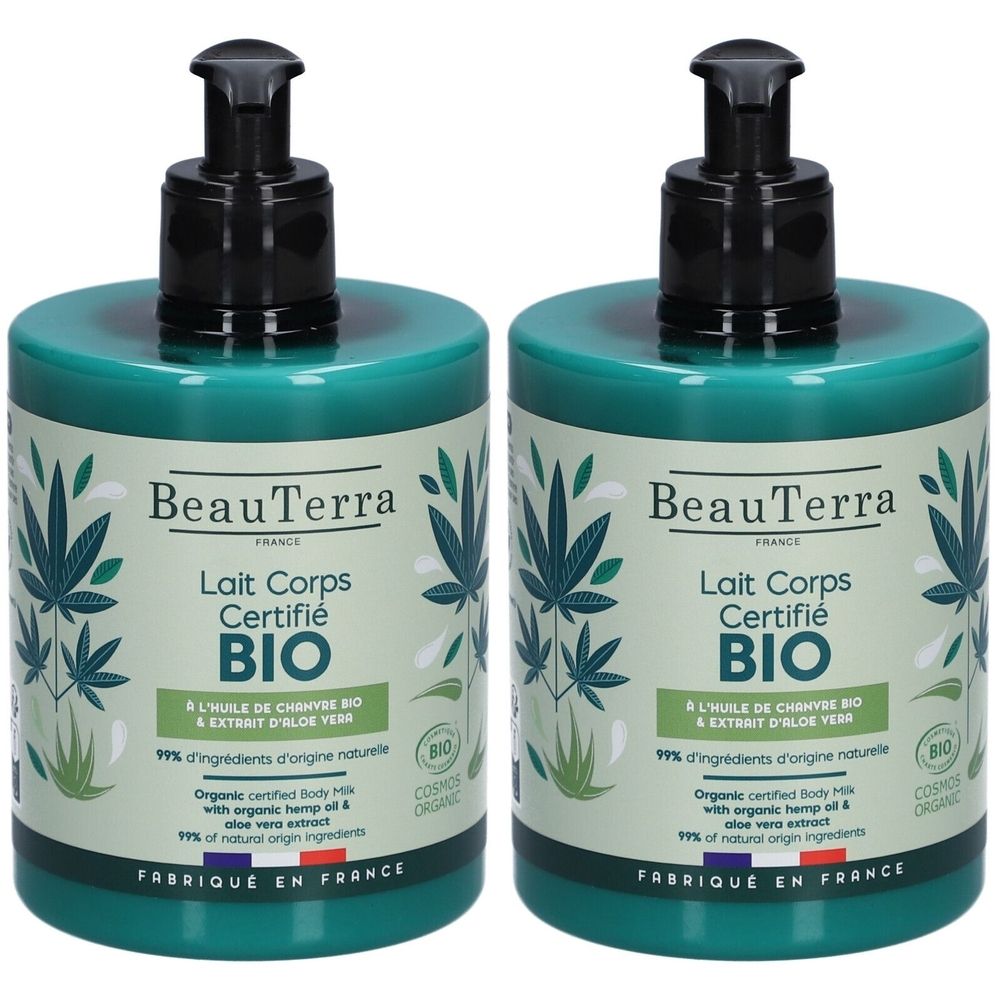 Deux flacons verts avec pompe noire. Inscription: BeauTerra, Lait Corps Certifié BIO. Avec huile de chanvre & aloe vera.