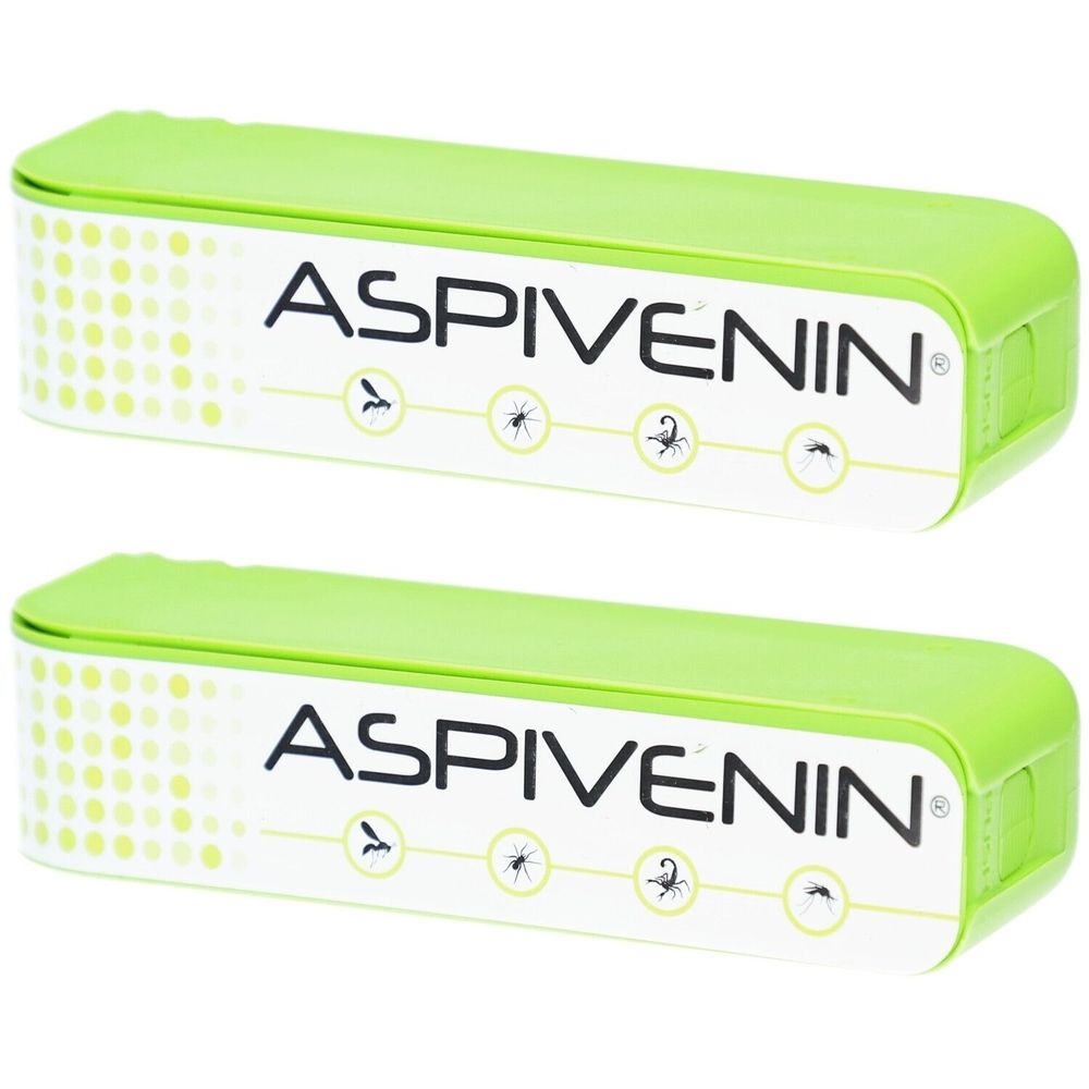 Deux boîtes rectangulaires vertes avec l'inscription blanche ASPIVENIN. Symboles d'insectes en dessous. Couvercles verts.