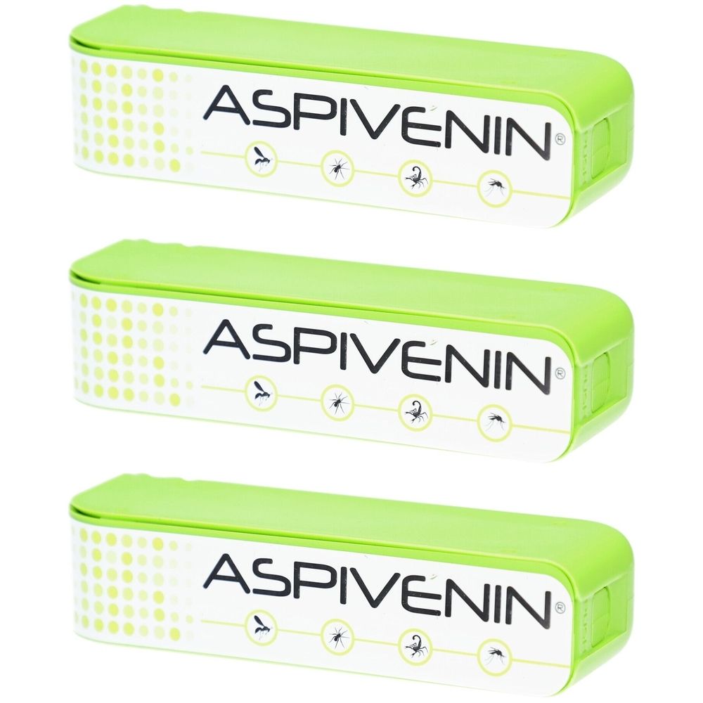 Trois boîtes rectangulaires vertes avec l'inscription ASPIVENIN. Des insectes sont représentés sur l'emballage.