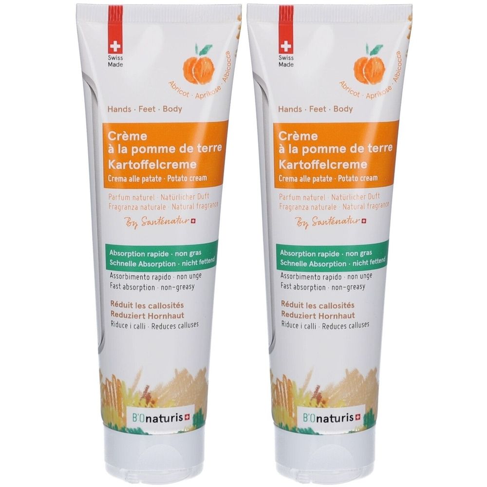 Deux tubes de crème. Inscription: Kartoffelcreme, abricot. Croix suisse. Texte en allemand, français, italien.