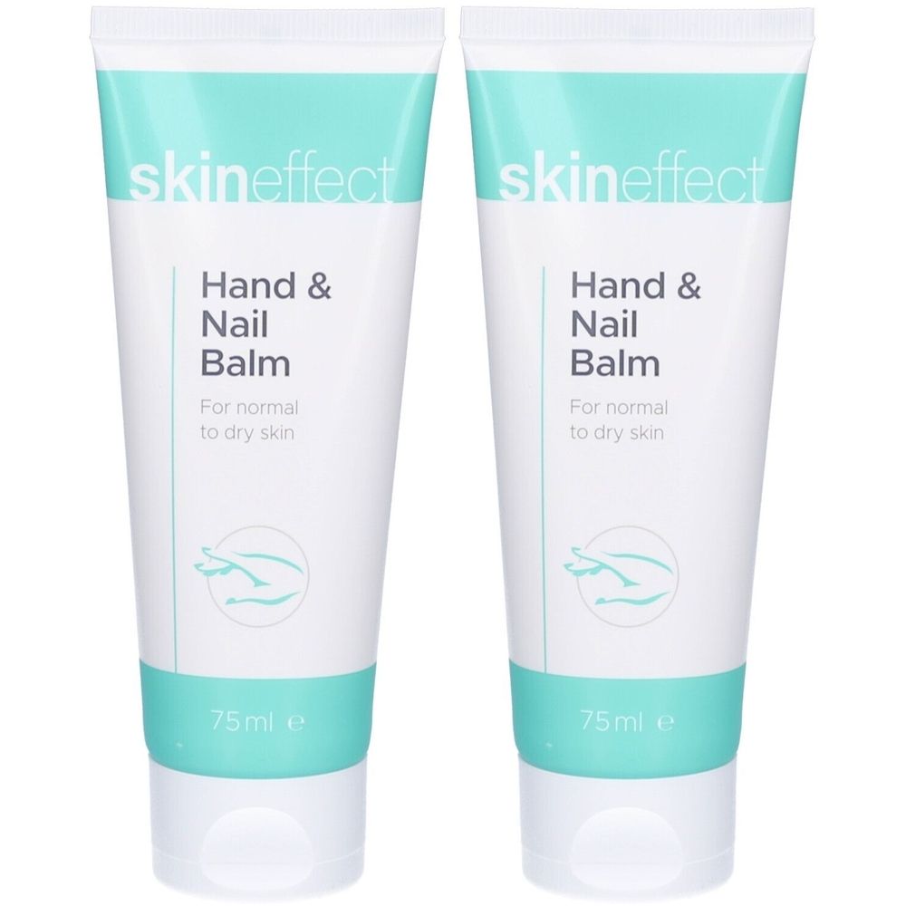Deux tubes de baume pour les mains et les ongles. Blanc, avec des accents turquoise. Inscription : Skineffect, Hand & Nail Balm, 75ml.