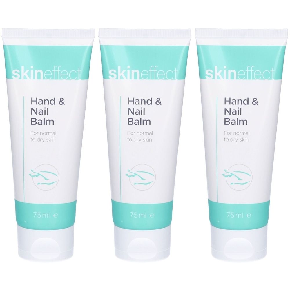 Trois tubes de baume pour les mains et les ongles. Inscription : Skineffect, Hand & Nail Balm. Pour peaux normales à sèches. 75ml.