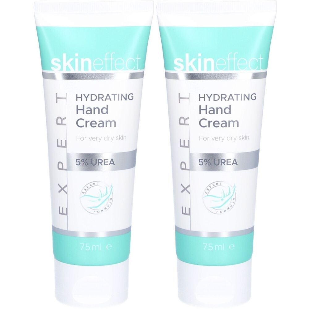 Deux tubes de crème pour les mains. Inscription : skineffect, Hydrating Hand Cream, 5% Urea. Tube blanc avec turquoise et gris. 75ml.
