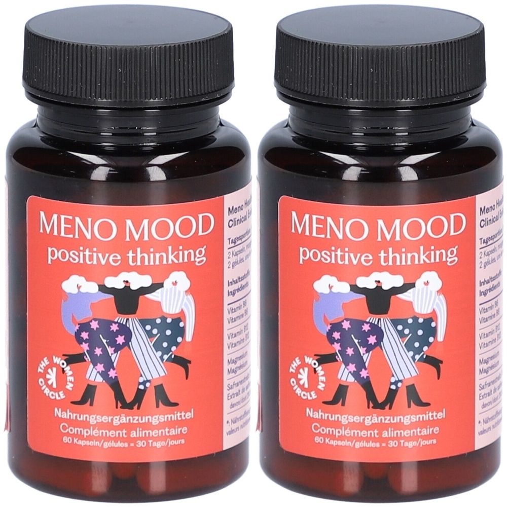 Deux flacons bruns avec des couvercles noirs. Les étiquettes indiquent « MENO MOOD positive thinking » et « The Women Circle ». Complément alimentaire.