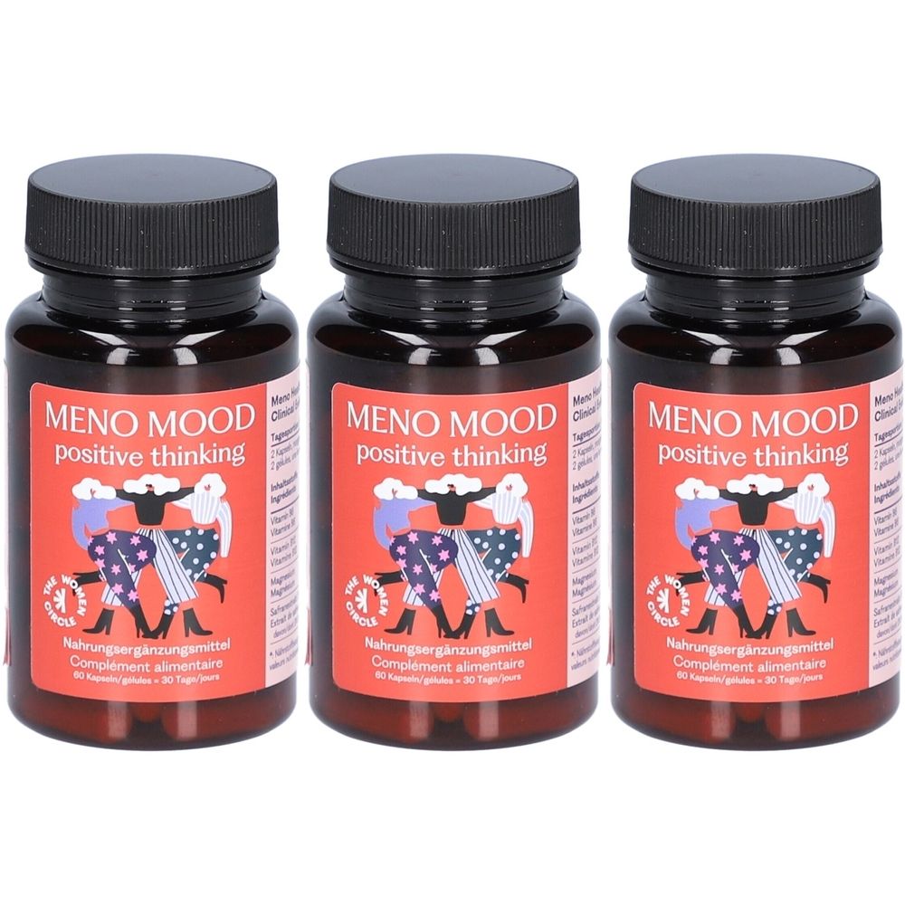Trois flacons bruns à couvercles noirs. Les étiquettes indiquent "MENO MOOD positive thinking". Complément alimentaire.