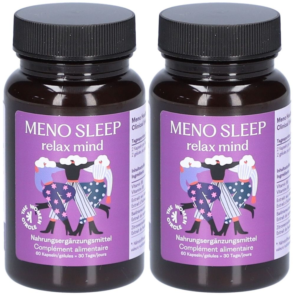 Deux flacons avec couvercles noirs. Étiquettes violettes avec "MENO SLEEP relax mind". En dessous "The Women Circle". Complément alimentaire.