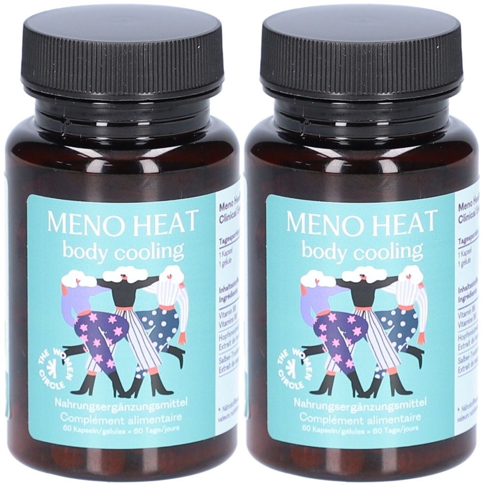 Zwei braune Flaschen mit schwarzen Deckeln. Auf den Etiketten steht "MENO HEAT body cooling" und "THE WOMEN CIRCLE". Nahrungsergänzungsmittel.