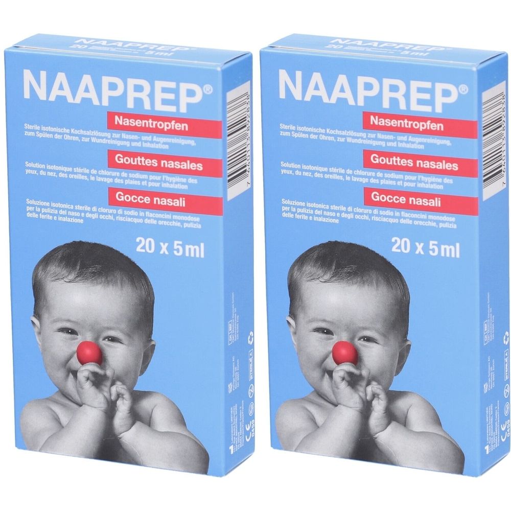 Deux boîtes bleues avec l'inscription NAAPREP Nasentropfen. Sur les boîtes, un bébé avec un nez rouge est représenté. Inscription : 20 x 5ml.