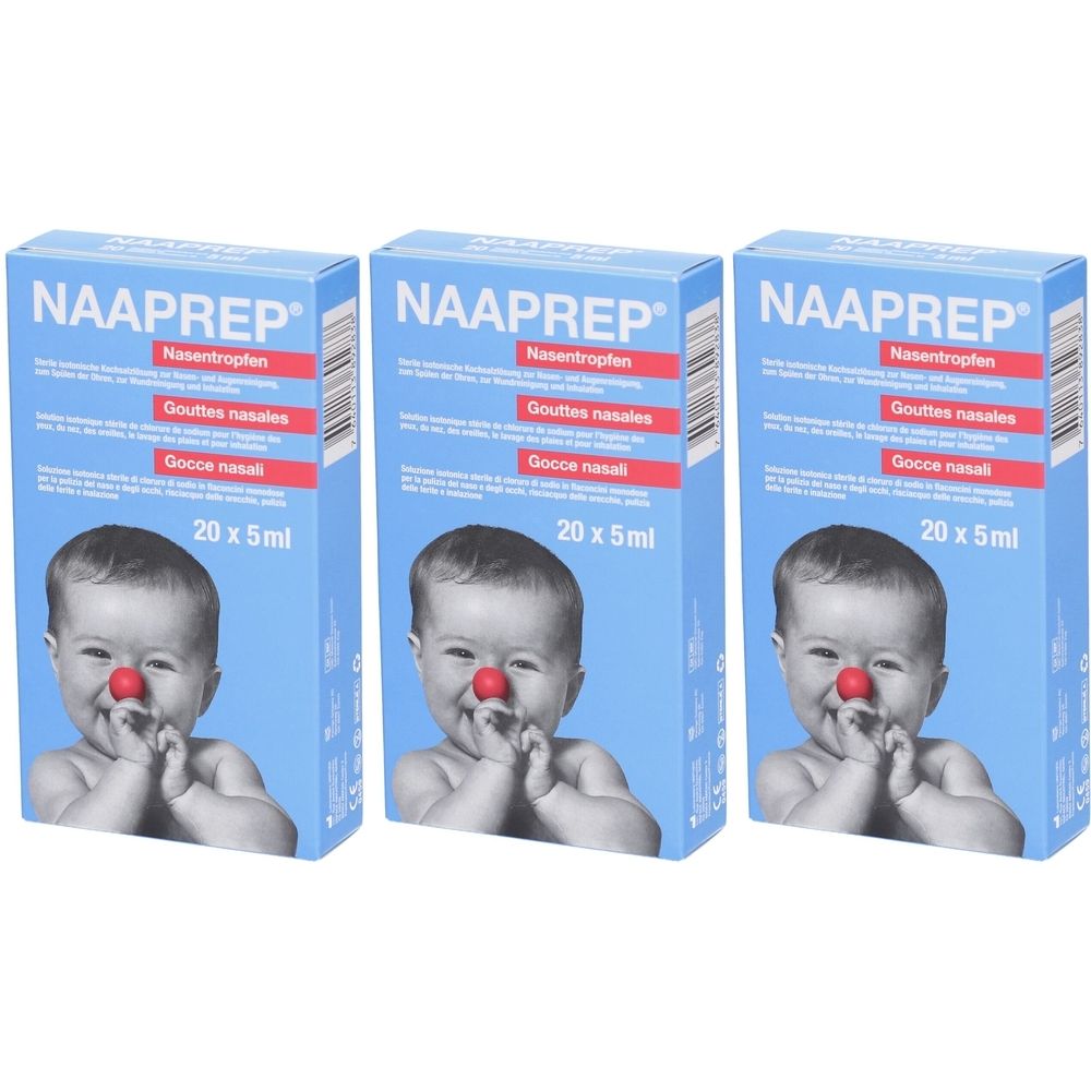 Trois boîtes bleues avec l'impression du produit NAAPREP, Nasentropfen, Gouttes nasales, Gocce nasali. Impression 20 x 5ml. Image d'un bébé avec un nez rouge.