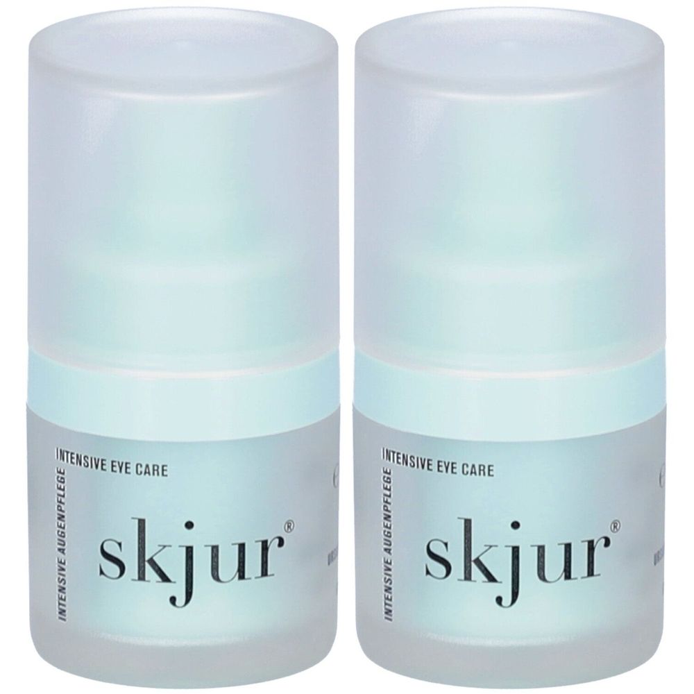 Deux flacons cylindriques avec couvercles. Inscription "skjur" et "Intensive Eye Care". Design bleu clair et blanc.
