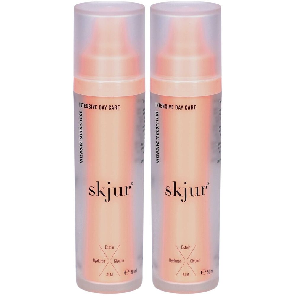 Deux flacons avec vaporisateur. Inscription: skjur, INTENSIVE DAY CARE, INTENSIVE TAGESPFLEGE. Dégradé de rose à blanc.