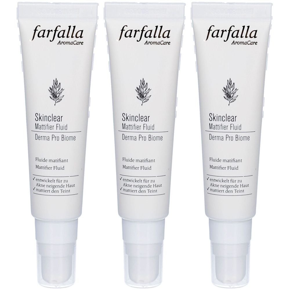 Drei Tuben Farfalla Skinclear Mattifier Fluid. Weiße Tuben mit schwarzer Schrift und floralem Logo. Produktname und weitere Informationen.