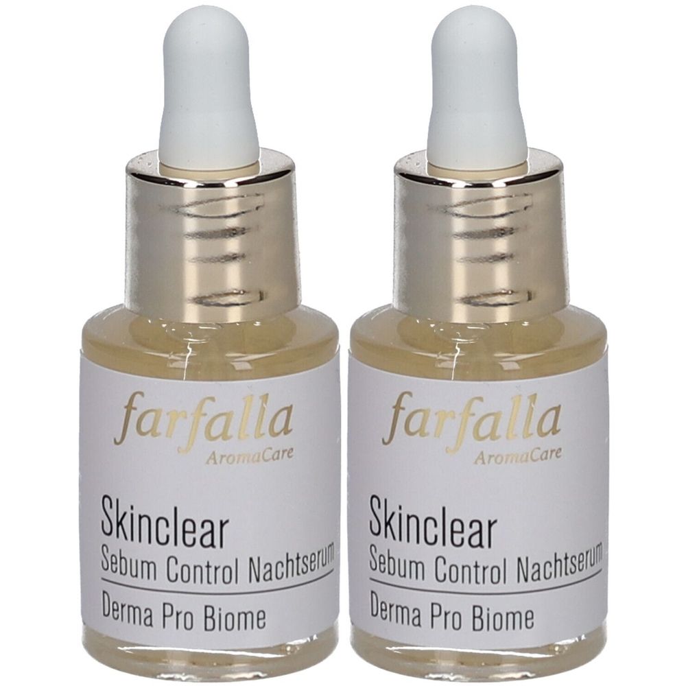 Deux flacons avec pipettes. Étiquettes : "farfalla AromaCare Skinclear Sebum Control Nachtserum Derma Pro Biome".
