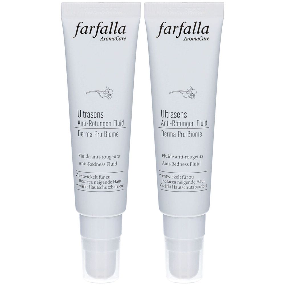 Deux tubes blancs. Texte visible: farfalla AromaCare, Ultrasens Anti-Rötungen Fluid, Derma Pro Biome. Flacon avec bouchon à vis.