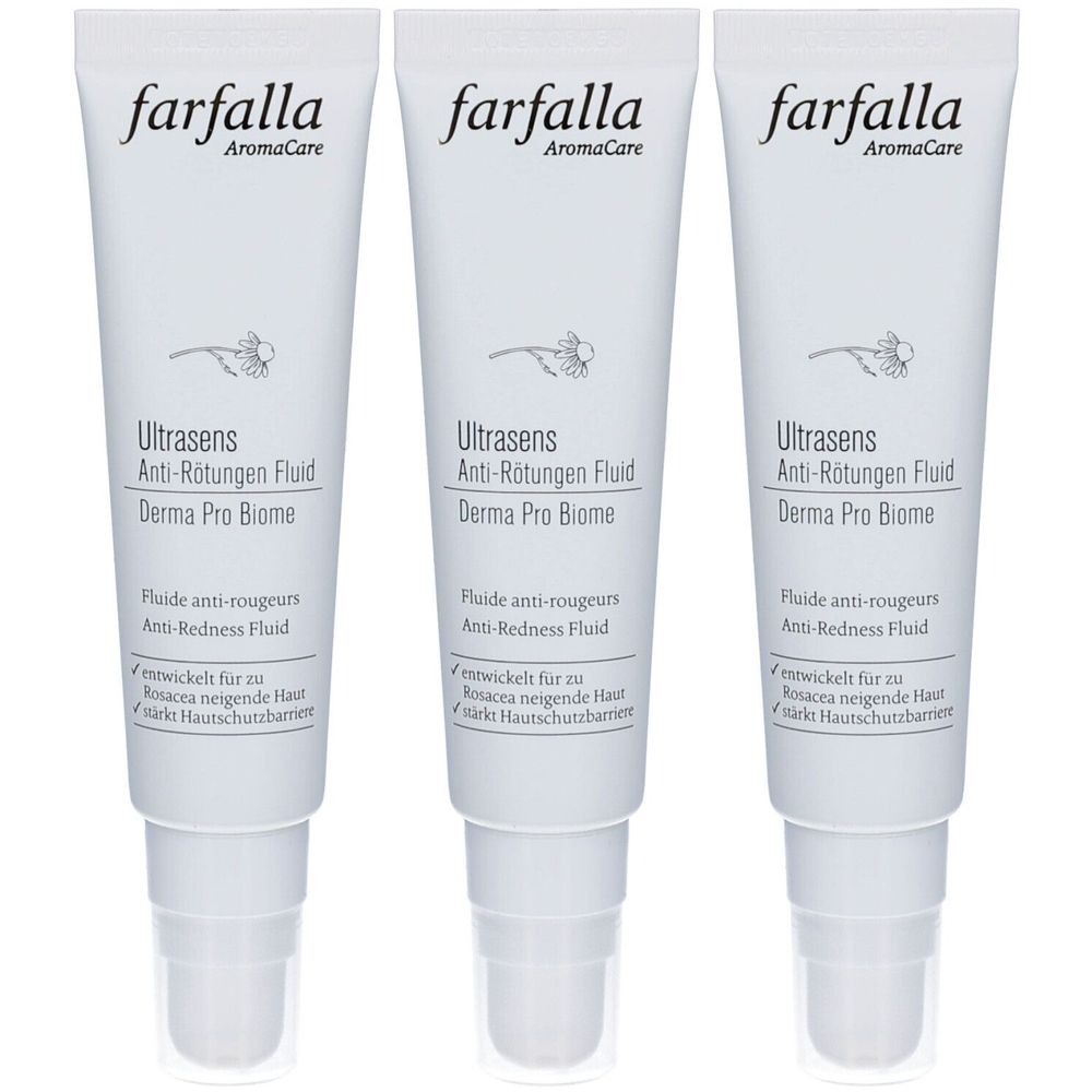 Trois tubes de Farfalla Ultrasens Anti-Rougeurs Fluid. Tubes blancs avec texte noir. Nom du produit et informations visibles.