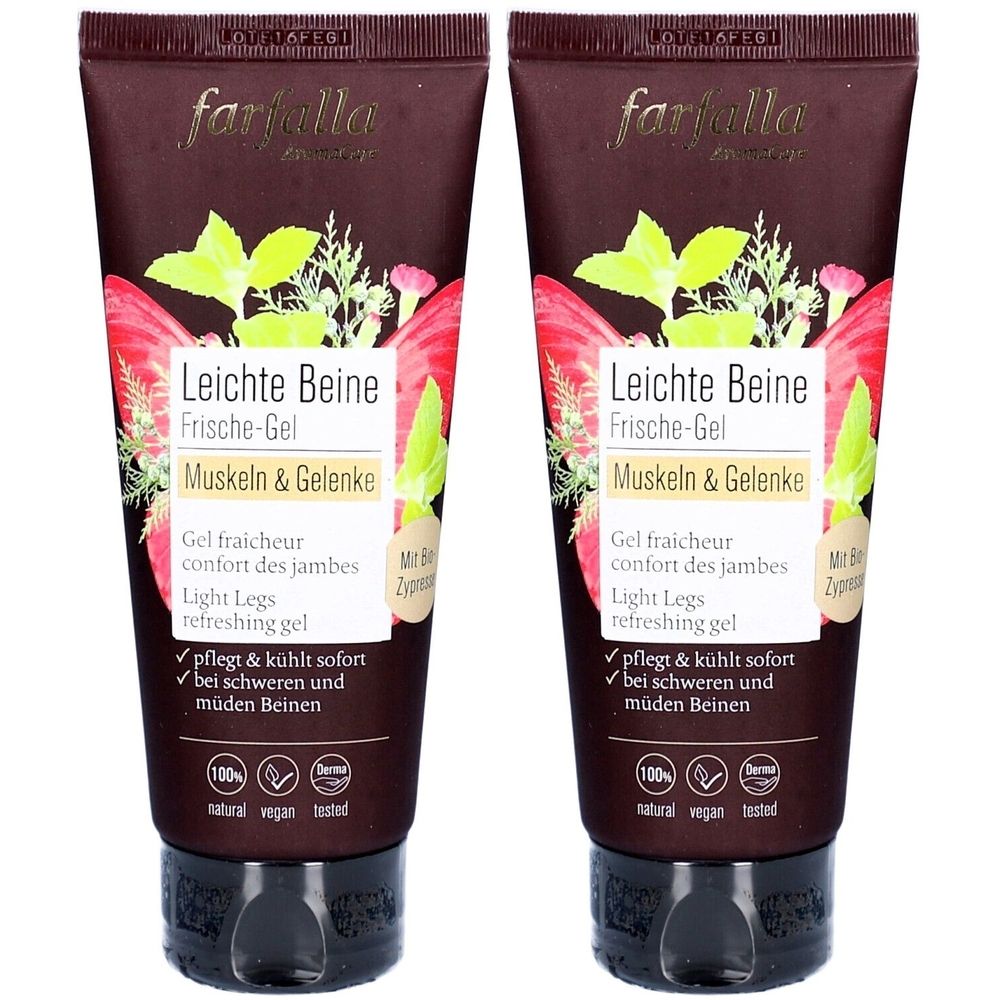 Deux tubes de gel rafraîchissant Farfalla Leichte Beine. Tubes brun foncé avec motifs floraux et informations en allemand.