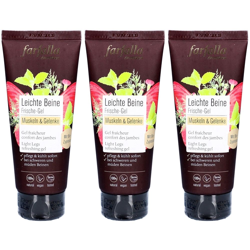 Trois tubes de gel Farfalla Leichte Beine. Tubes bruns avec motifs floraux et informations produit. Vegan, sceau naturel.