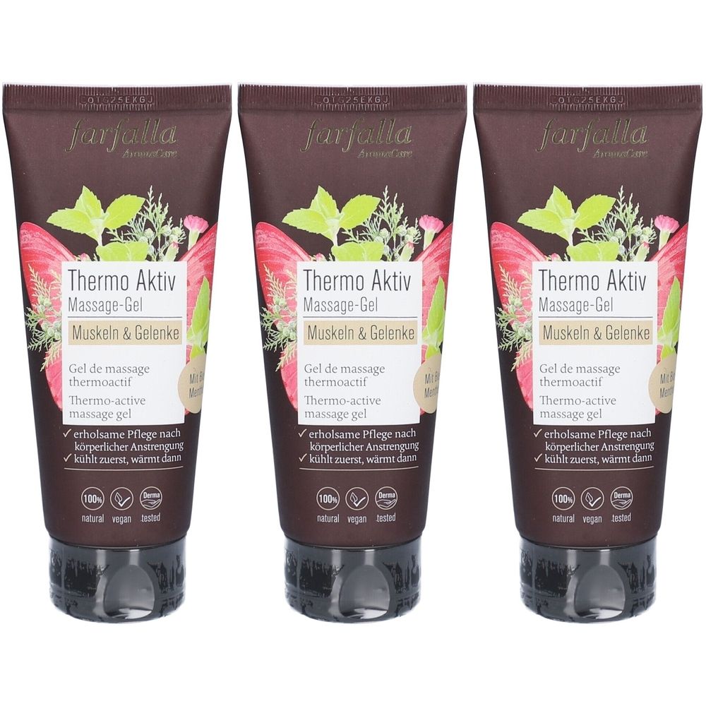 Drei Tuben Massage-Gel. Aufschrift: Thermo Aktiv Massage-Gel, Muskeln & Gelenke. Mit floralem Design und Logo.