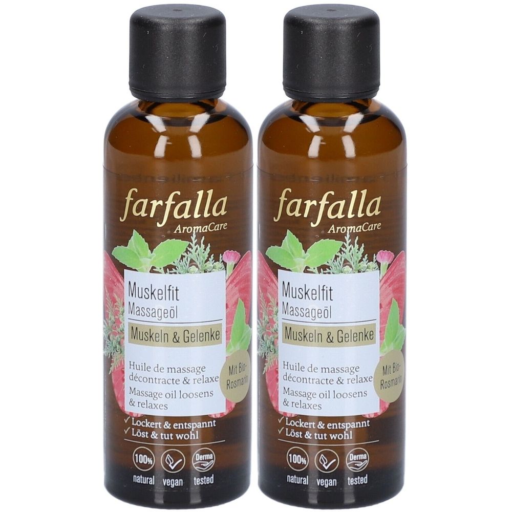 Zwei braune Glasflaschen mit schwarzem Deckel. Aufschrift: Farfalla Muskelfit Massageöl. Etikett mit floralem Design und Text.