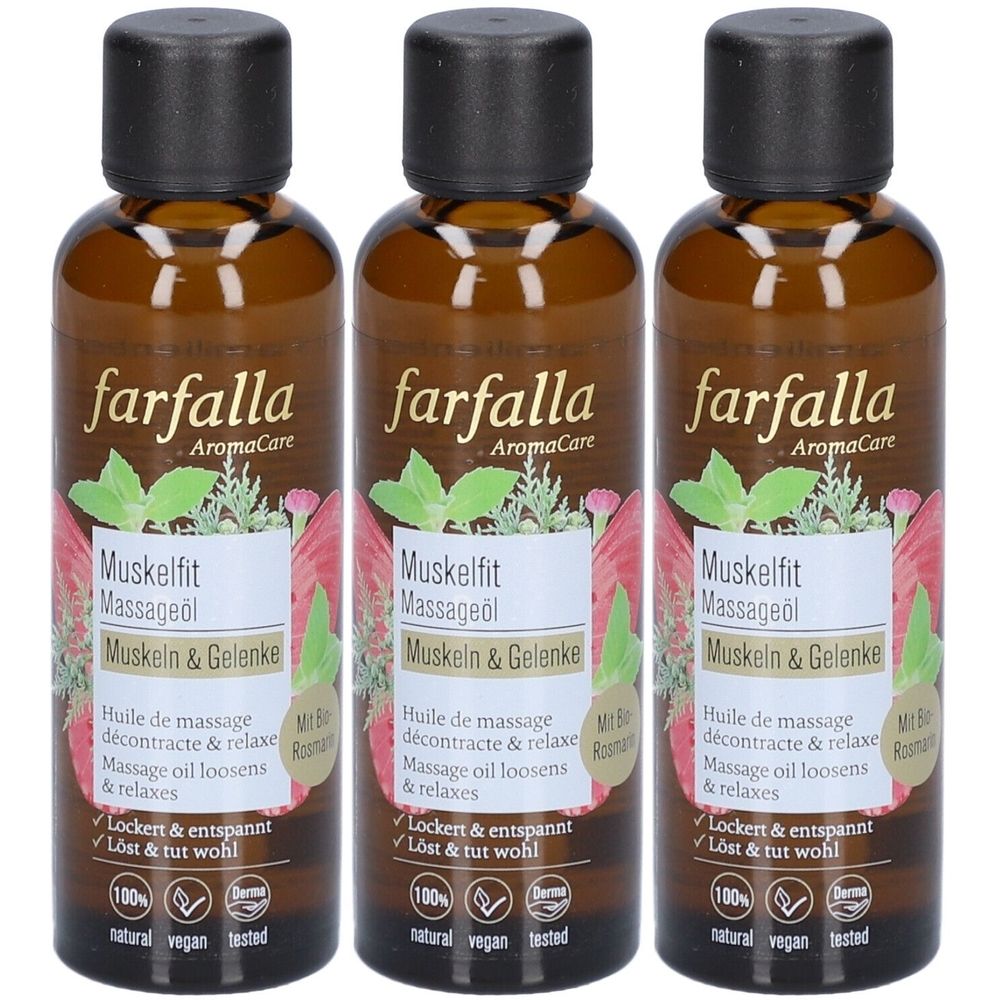 Trois flacons bruns avec bouchons noirs. Inscription: Farfalla Muskelfit Massageöl. Logo et texte en plusieurs langues.