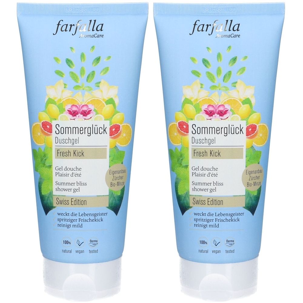 Deux tubes de gel douche. Emballage bleu clair avec motif floral et nom du produit. Contient du texte en allemand, anglais et français.