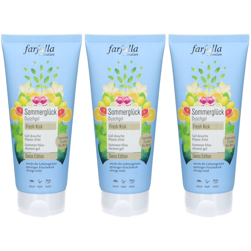 Trois tubes bleus de gel douche avec motif floral. Inscription: Sommerglück Duschgel, Fresh Kick, Swiss Edition. Marque: Farfalla.