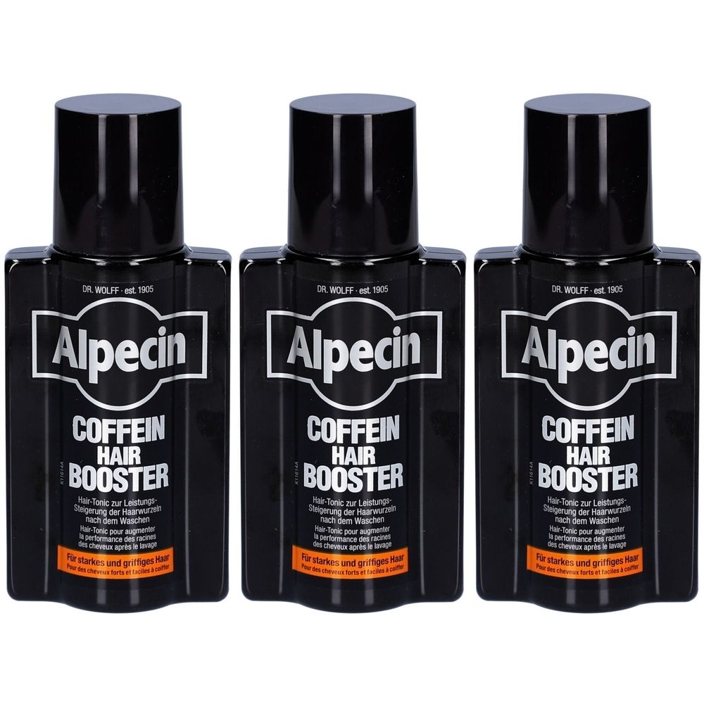 Trois flacons noirs avec bouchons noirs. Chaque flacon porte l'inscription "Alpecin Koffein Hair Booster".