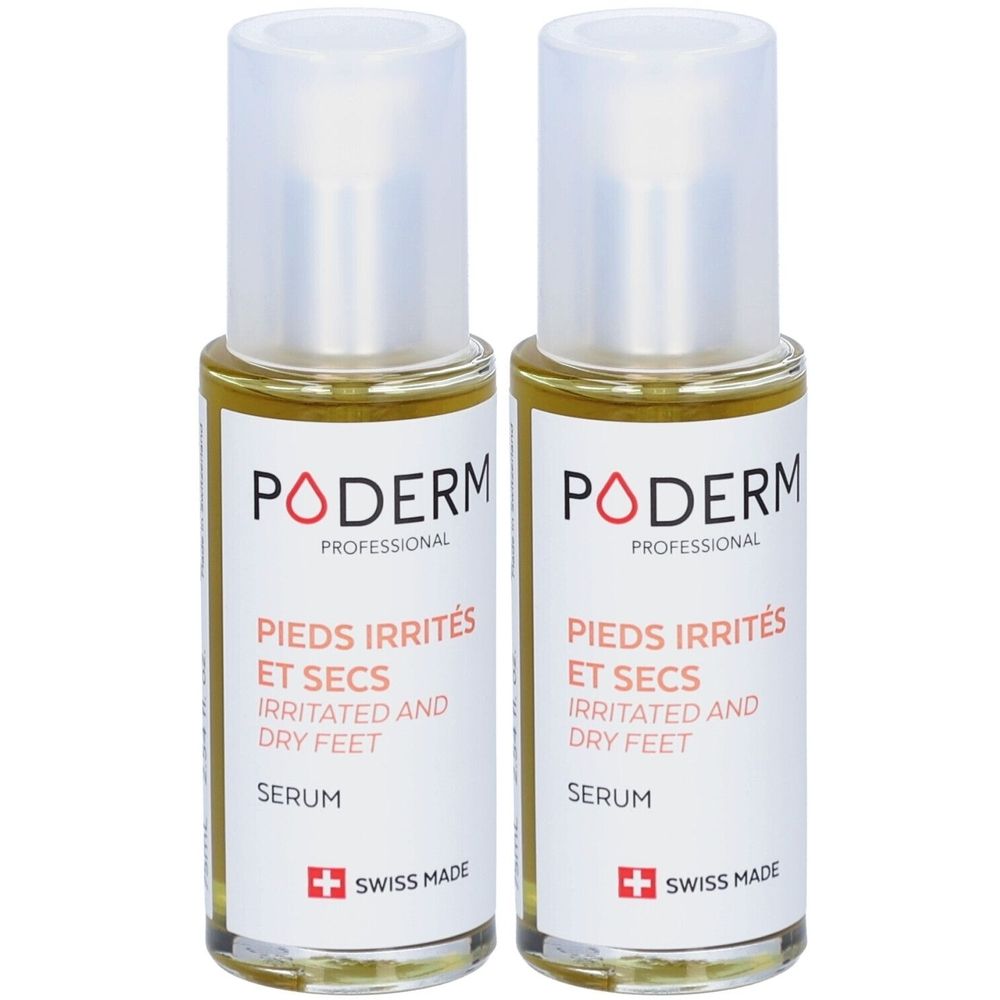 Zwei Flaschen Poderm Serum. Aufschrift: PIEDS IRRITÉS ET SECS, IRRITATED AND DRY FEET, SERUM. Swiss Made. Transparente Flüssigkeit.