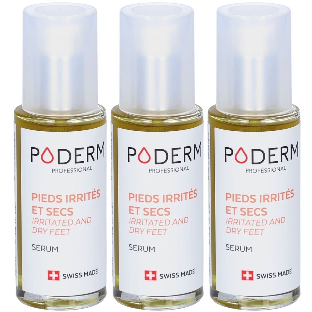 Drei Flaschen Serum. Aufschrift: PODERM, PIEDS IRRITÉS ET SECS, IRRITATED AND DRY FEET, SERUM. Swiss Made.
