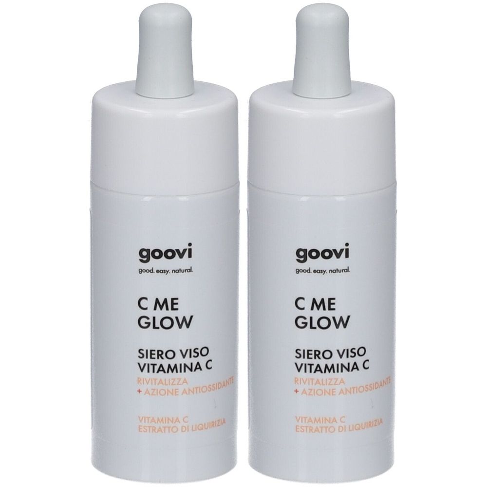Deux flacons blancs avec applicateur. Inscription : Goovi, C ME GLOW, SIERO VISO VITAMINA C. Avec vitamine C et antioxydants.