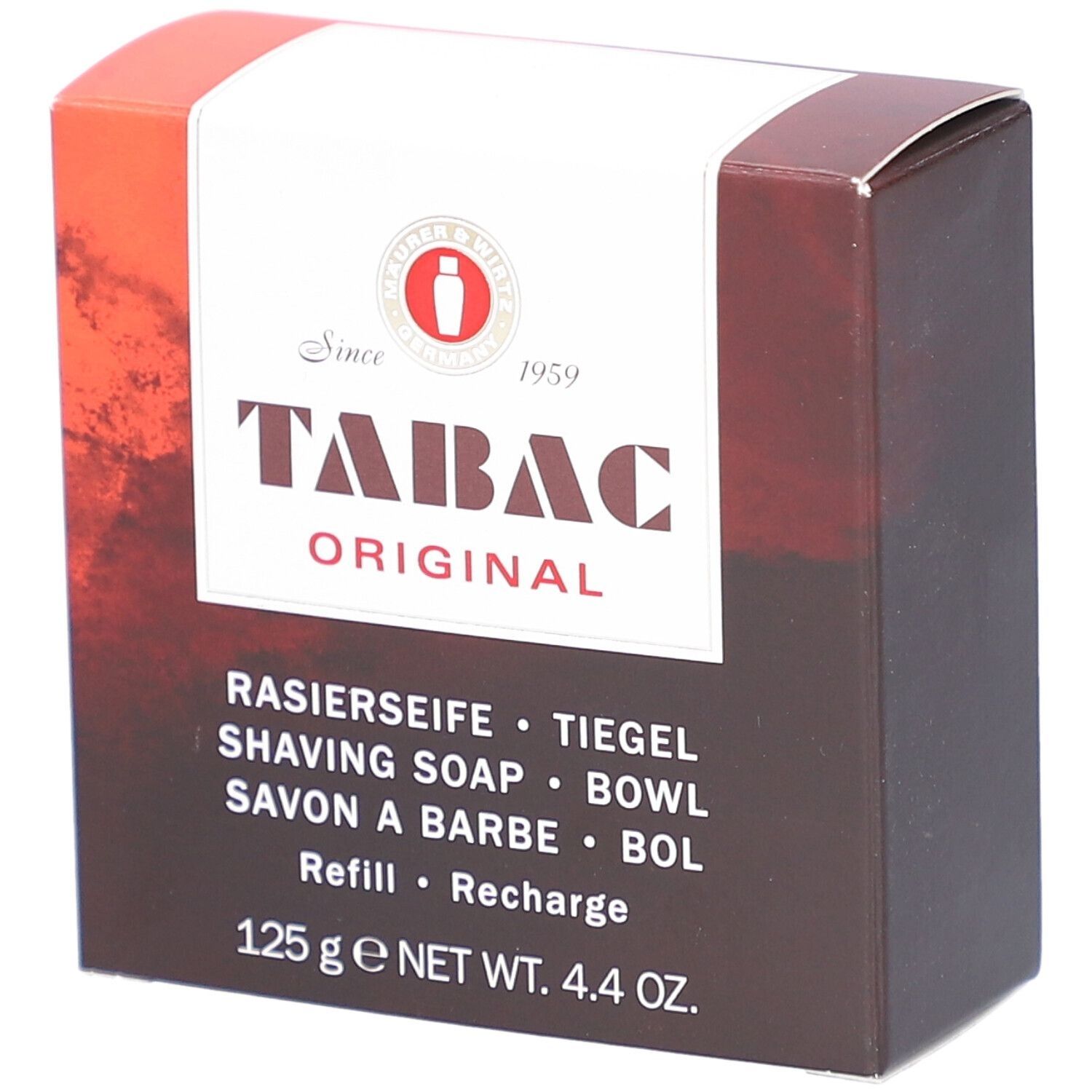 Emballage en carton pour savon à raser Tabac Original. Couleurs marron et blanc. Texte : Rasierseife, Shaving Soap, Savon à Barbe, Recharge. 125 g.