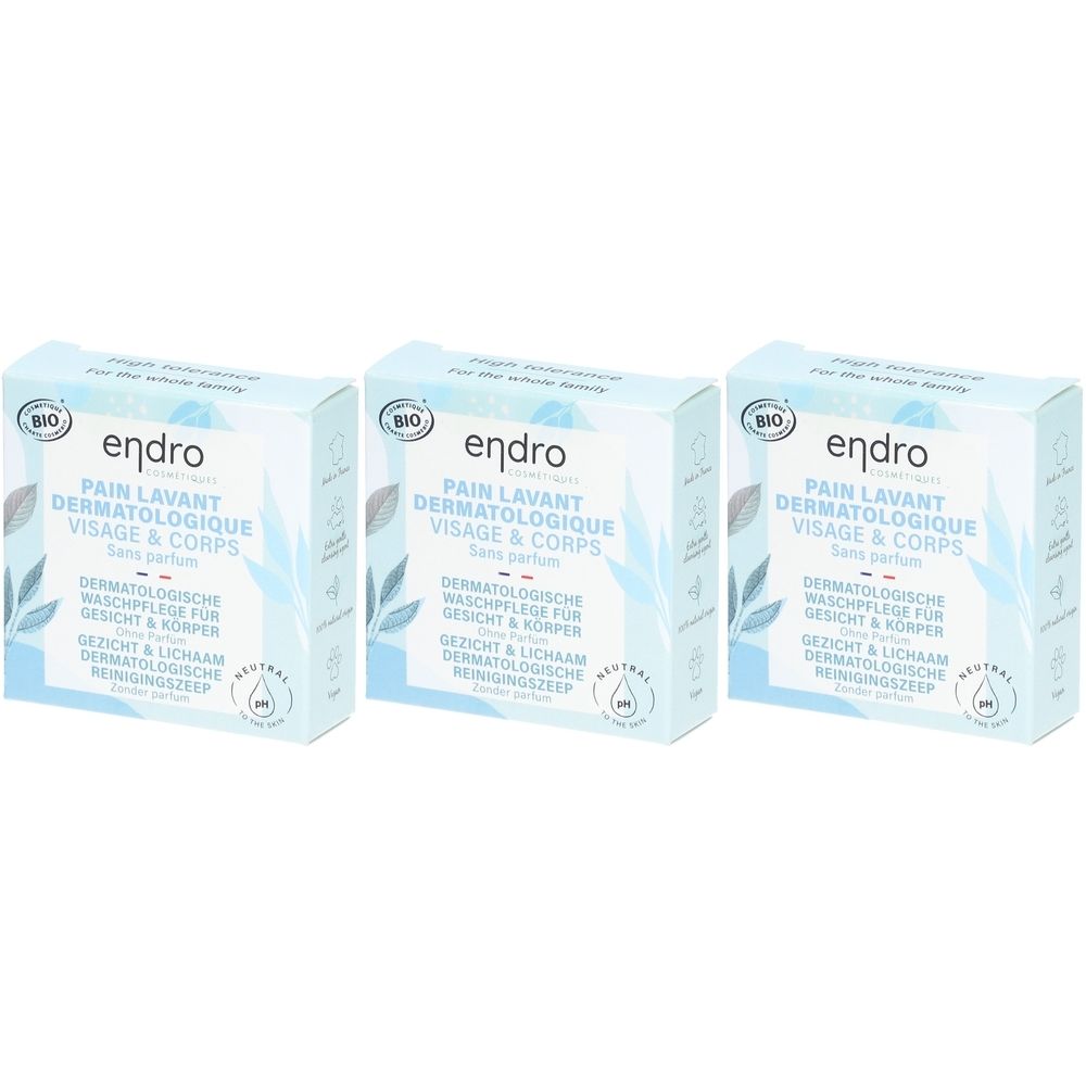 Drei quadratische Kartons. Aufschrift: endro, Pain Lavant Dermatologique Visage & Corps. Bio-Siegel. Neutrale pH-Wert.