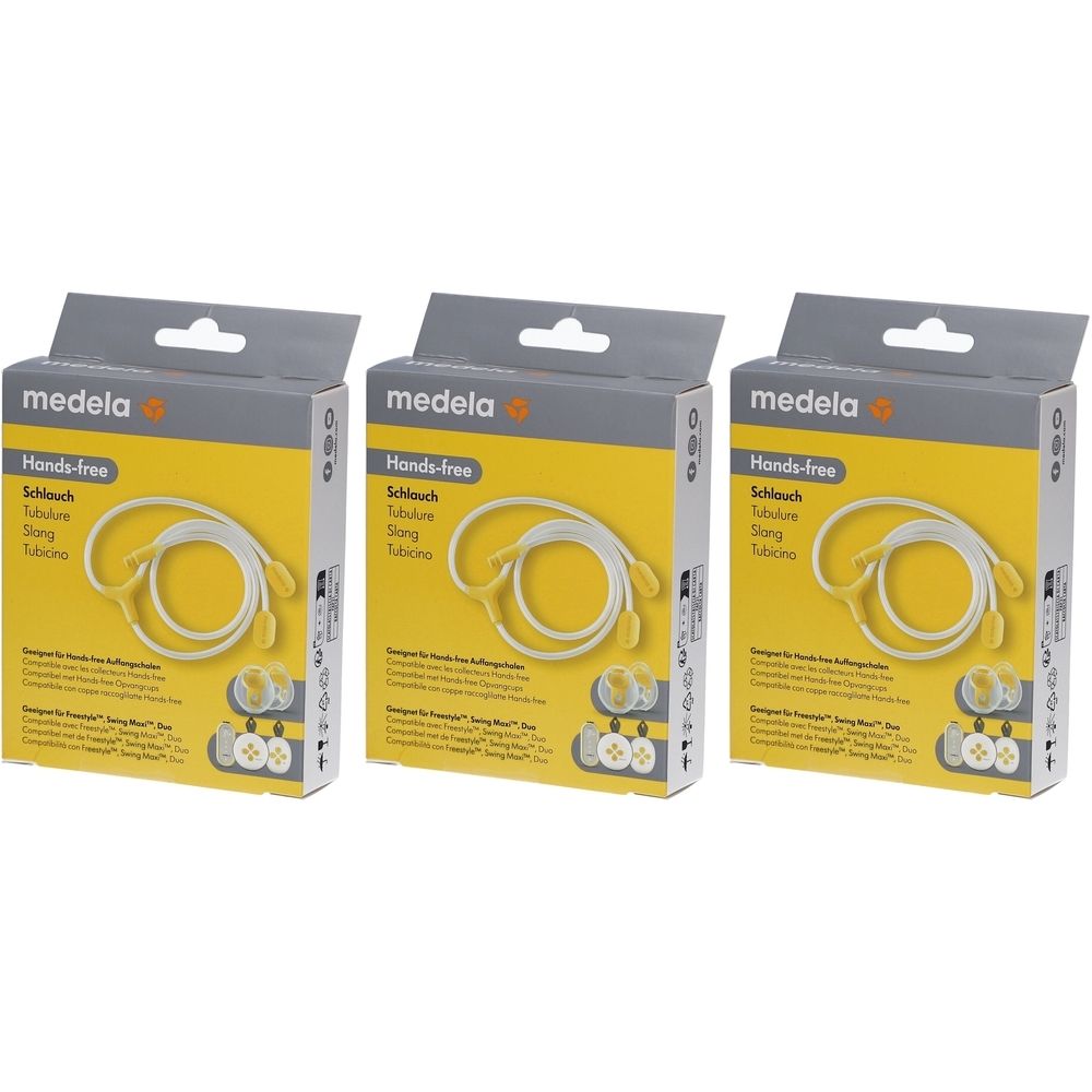 Trois boîtes de produit. Sur fond jaune, "Hands-free". Tuyaux présentés, compatibles avec Freestyle™, Swing Maxi™, Duo. Marque : Medela.