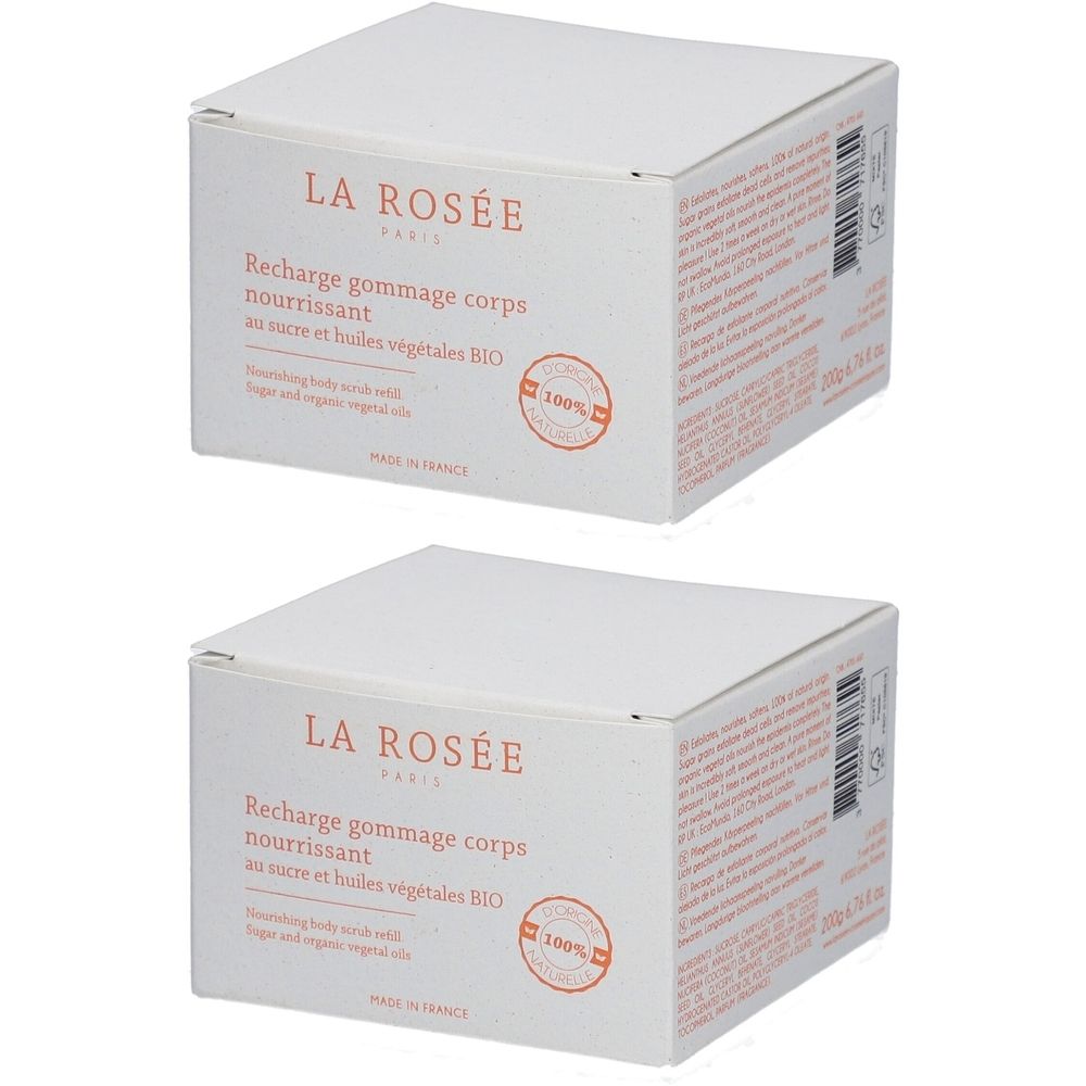 Deux boîtes blanches. Inscription: LA ROSÉE, Recharge gommage corps nourrissant, certification BIO. Emballage de vente.