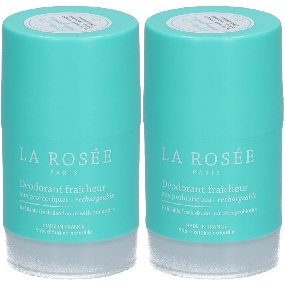 Deux déodorants cylindriques turquoise. Inscription: LA ROSÉE PARIS, Déodorant fraîcheur, aux probiotiques - rechargeable. Fabriqué en France.