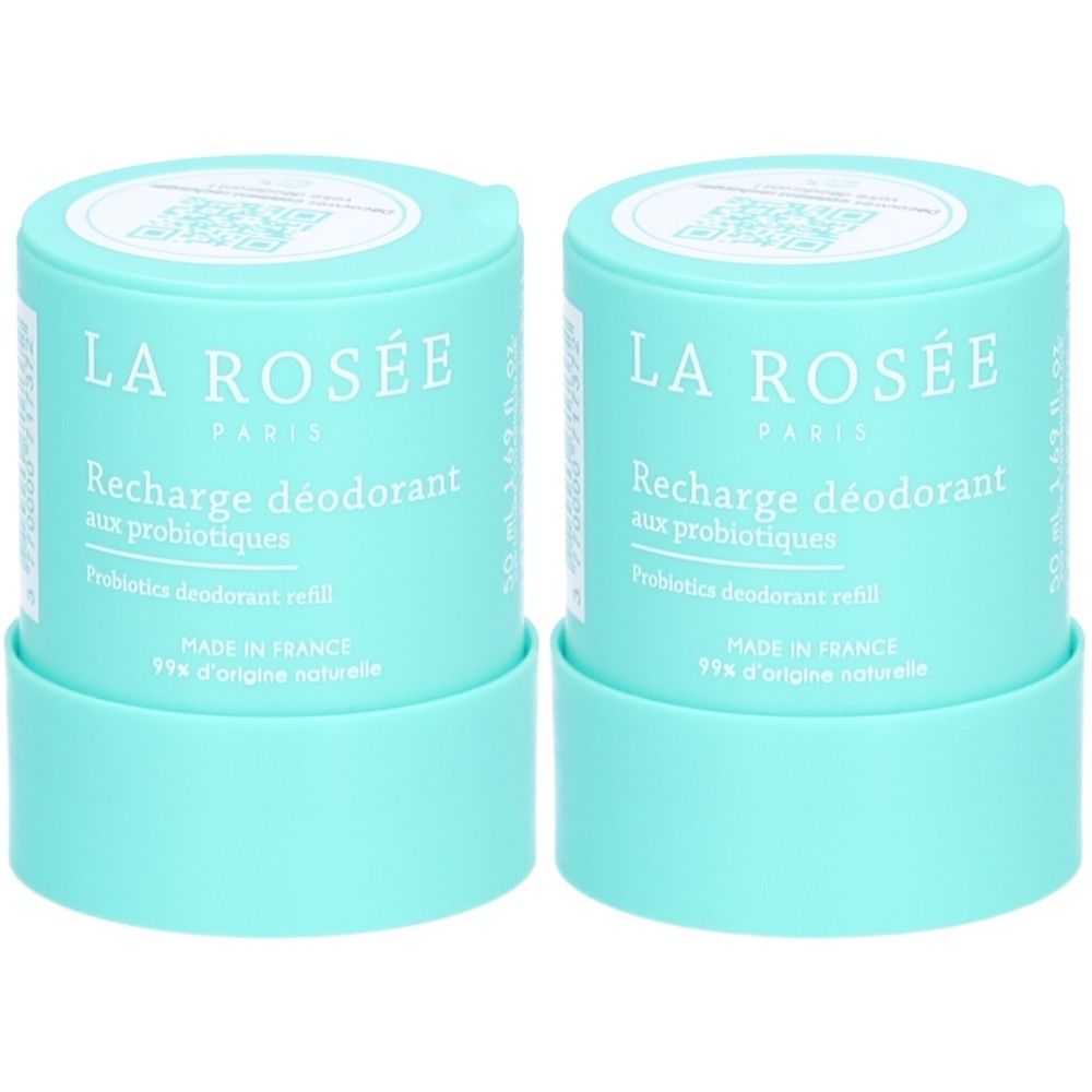 Deux recharges de déodorant cylindriques turquoise. Inscription : LA ROSÉE, Recharge déodorant aux probiotiques. Fabriqué en France.